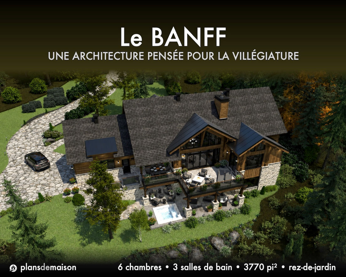 Vue aérienne arrière du Banff avec terrasses panoramiques, spa extérieur, rez-de-jardin et aménagement en montagne.