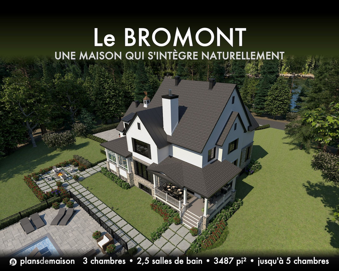 Vue aérienne arrière du modèle Le Bromont version miroir avec axes de circulation, cottage farmhouse avec organisation des espaces extérieurs
