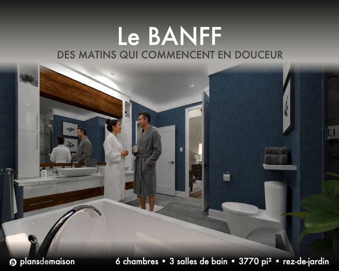Salle de bain principale du plan de maison Banff avec double vanité, grand espace et ambiance de détente.