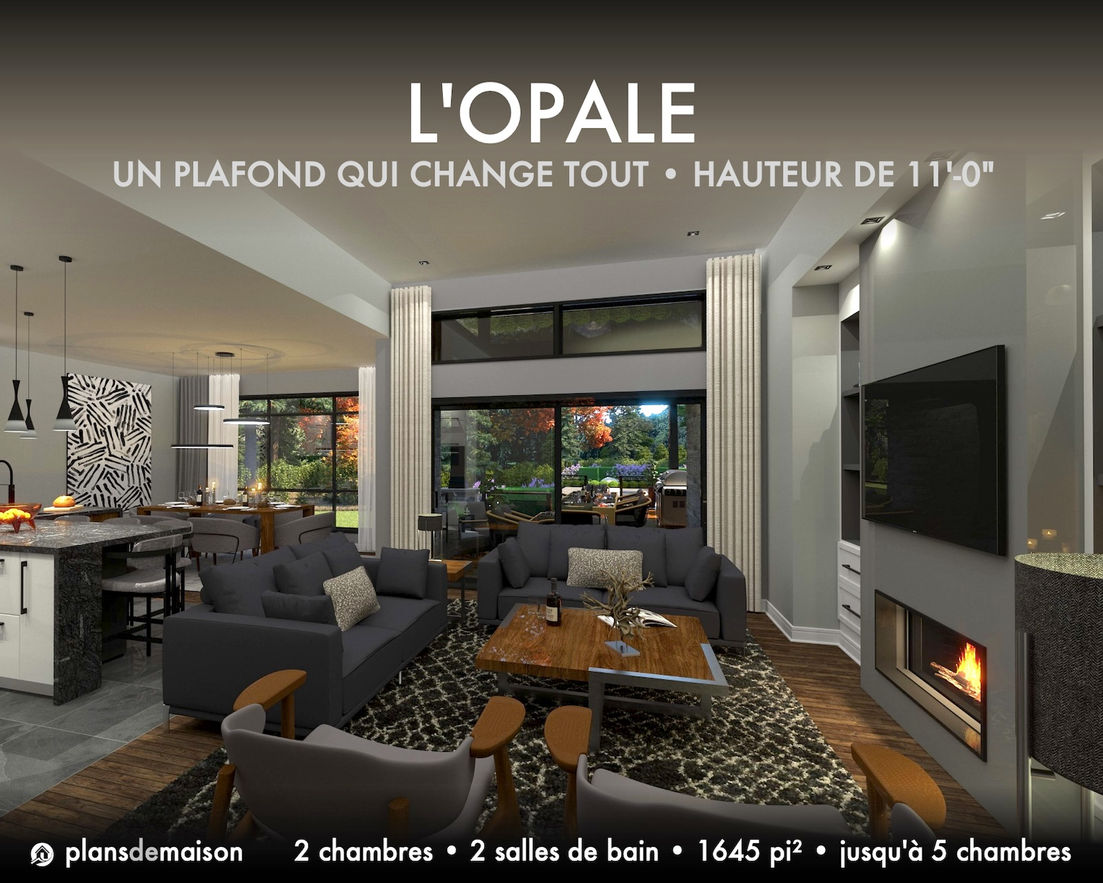 Salon du plan de maison Opale avec plafond de 11 pieds, foyer contemporain, porte patio panoramique, aire ouverte et accès direct à la terrasse couverte.