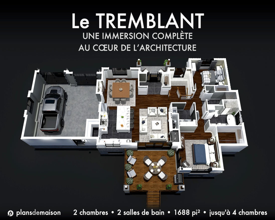 Vue immersive 3D arrière du plan Tremblant montrant la disposition complète des pièces, l’aire ouverte et l’organisation intérieure du modèle nordique