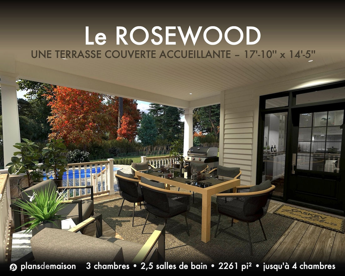 Terrasse couverte du plan de maison farmhouse Rosewood avec espace repas extérieur