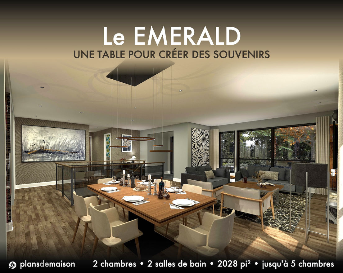 Salle à manger du plan de maison contemporain Emerald avec vue sur le salon, l’entrée et les espaces de circulation de l’aire ouverte.