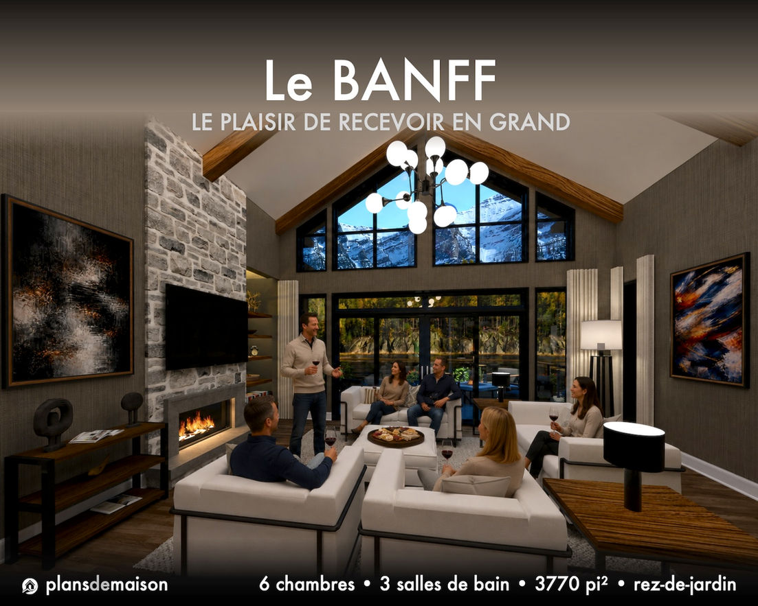 Salon du plan de maison Banff avec foyer de pierre, plafond cathédrale, grandes fenêtres et ambiance conviviale entre amis.