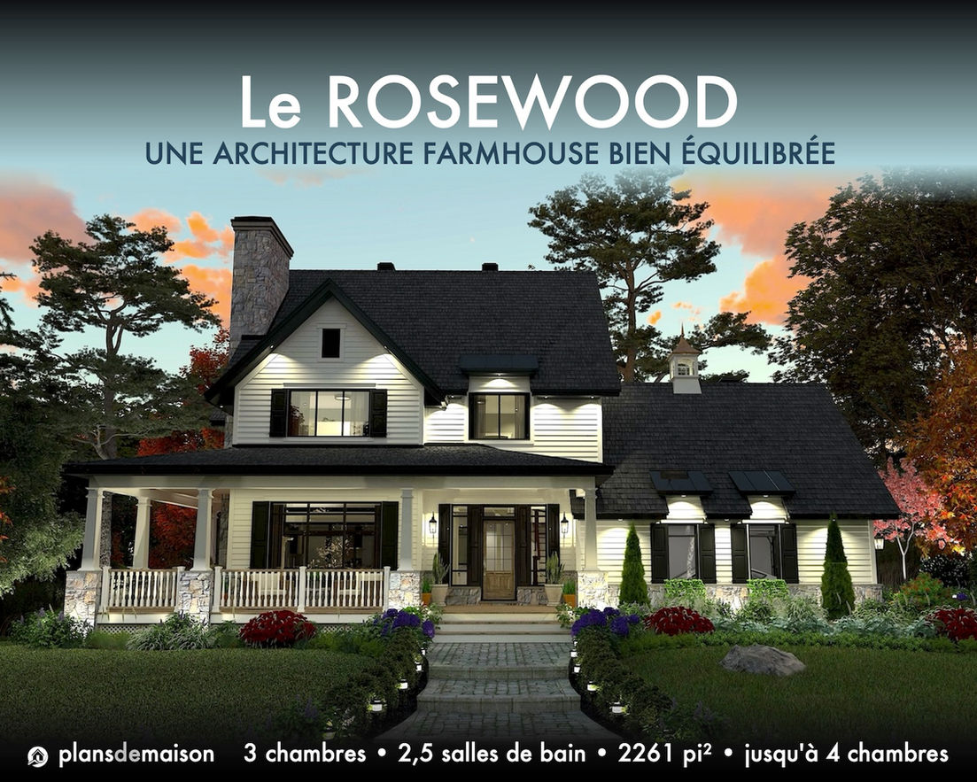 Façade du plan de maison farmhouse Rosewood en soirée avec éclairage extérieur