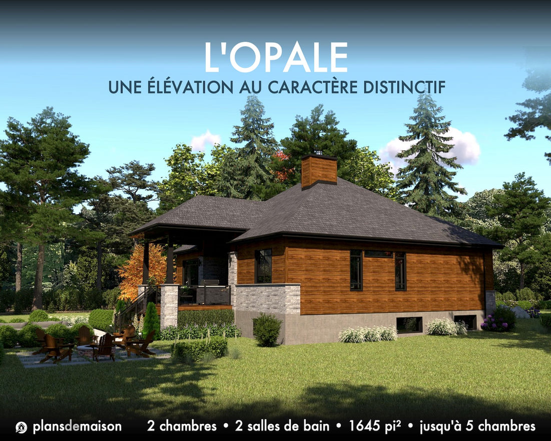 Vue de l’élévation droite et de l’arrière du plan de maison contemporaine Opale version miroir avec revêtement de bois et de pierre, terrasse couverte et architecture moderne de plain-pied.