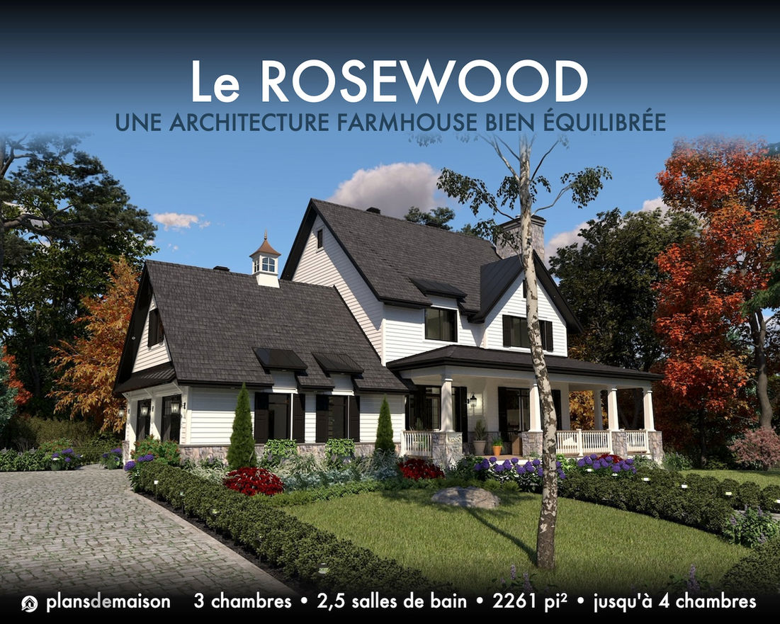 Façade avant du plan de maison farmhouse Rosewood version miroir avec garage intégré