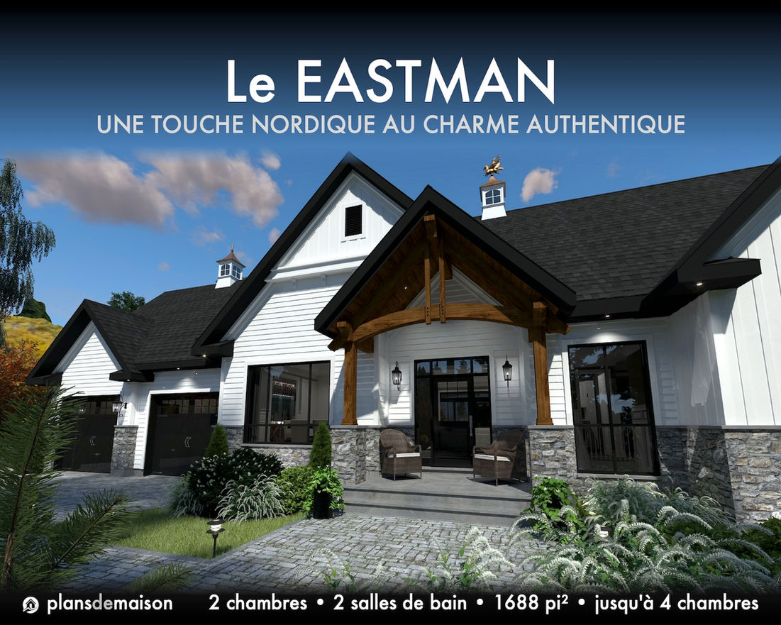Entrée principale du modèle Eastman version miroir avec poutres timber nordiques, façade farmhouse blanche et éclairage naturel du matin