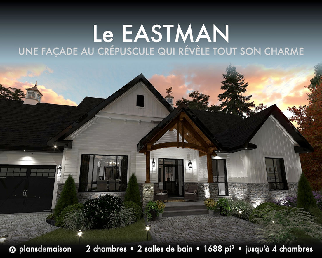 Entrée principale du modèle Eastman version miroir au crépuscule avec éclairage architectural chaleureux et façade farmhouse de plain-pied