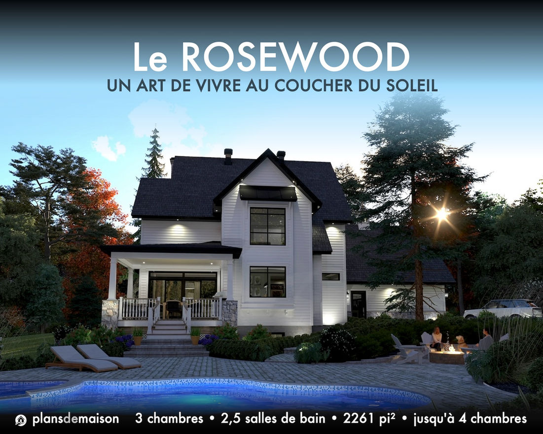 Façade arrière du modèle Rosewood version miroir au crépuscule avec éclairage extérieur chaleureux et architecture farmhouse moderne