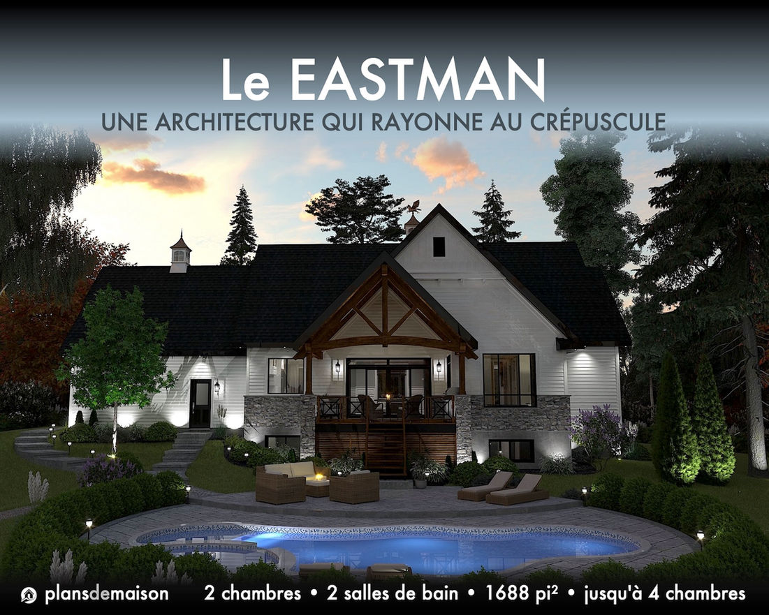 Vue arrière du modèle Eastman au crépuscule avec piscine éclairée, terrasse couverte et architecture farmhouse chaleureuse