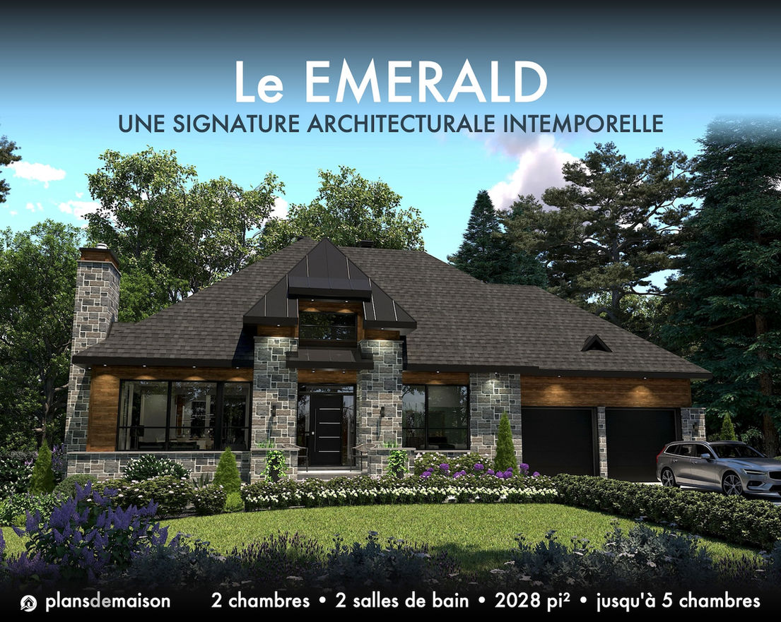 Façade avant du plan de maison contemporain Emerald en été avec maçonnerie de pierre, accents de bois, garage double et aménagement paysager.