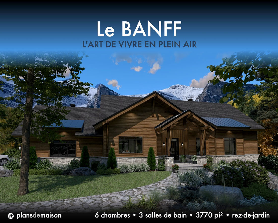 Façade avant du Banff version miroir avec aménagement paysager, entrée couverte et architecture nordique en bois et pierre.