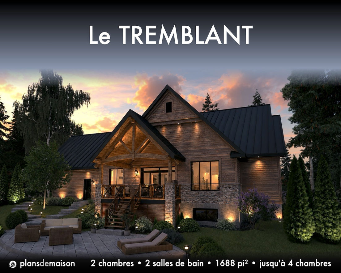 Vue arrière du modèle Tremblant au crépuscule avec piscine éclairée, terrasse couverte et architecture nordique chaleureuse
