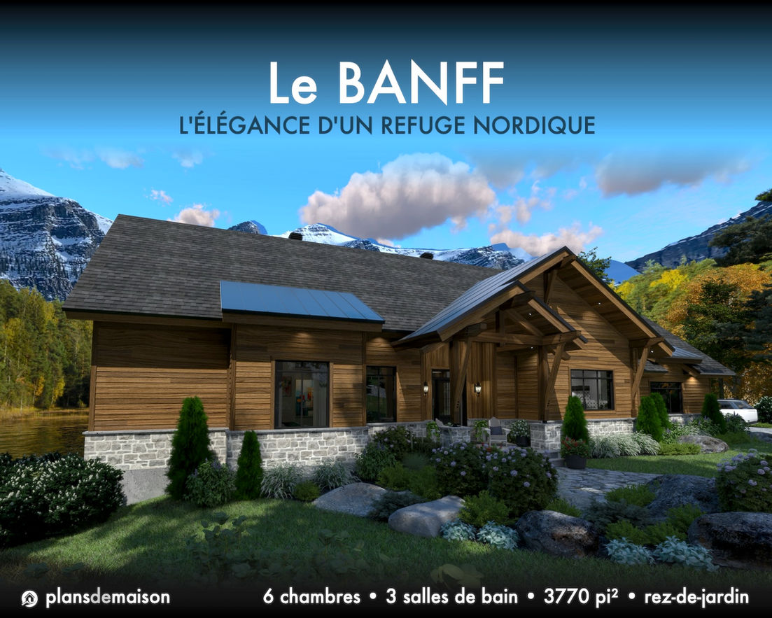 Façade avant du plan de maison Banff avec architecture nordique en bois et pierre dans un décor de montagne.