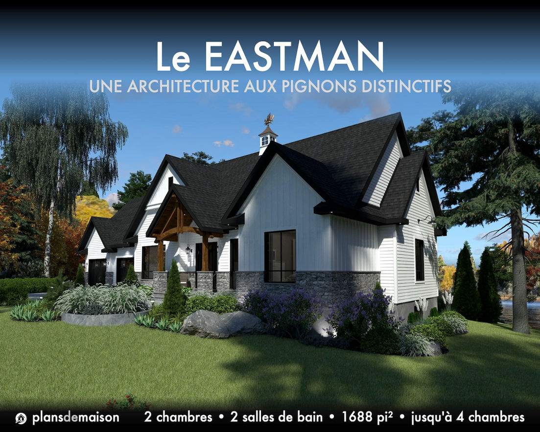 Vue en angle du modèle Eastman version miroir avec pignons distinctifs, élévation gauche et aménagement paysager farmhouse élégant