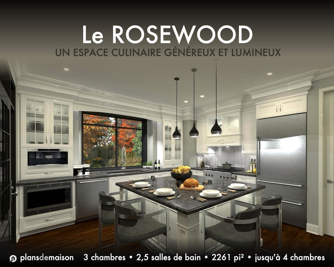 Cuisine du plan de maison farmhouse Rosewood avec îlot central et grande fenestration