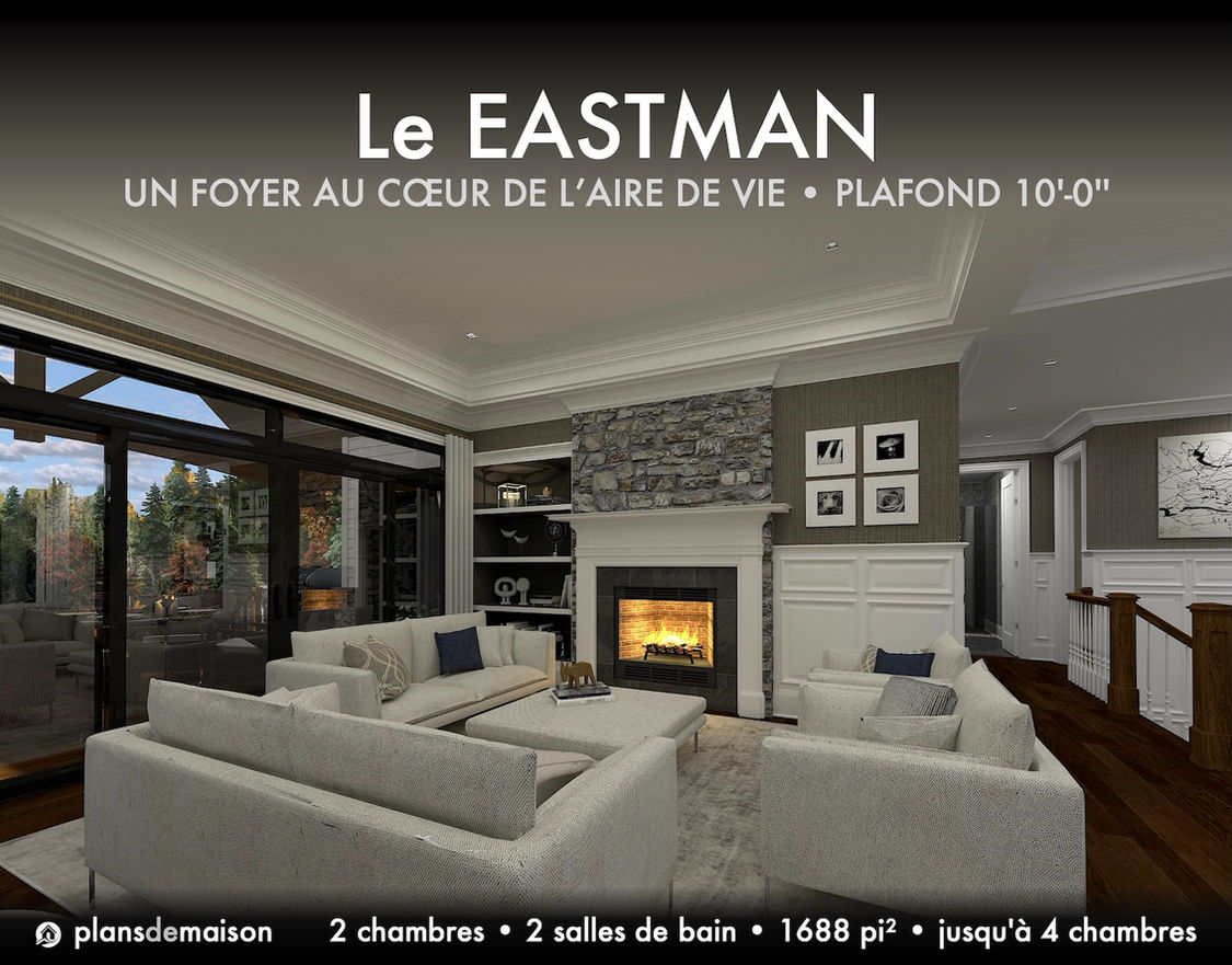 Salon du modèle Eastman version miroir avec foyer central, plafond de 10 pieds, aire ouverte et porte panoramique donnant sur la terrasse couverte