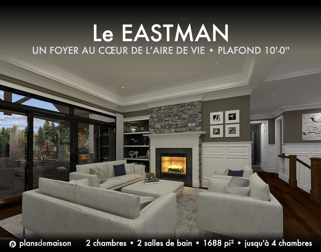 Salon du modèle Eastman version miroir avec foyer central, plafond de 10 pieds, aire ouverte et porte panoramique donnant sur la terrasse couverte