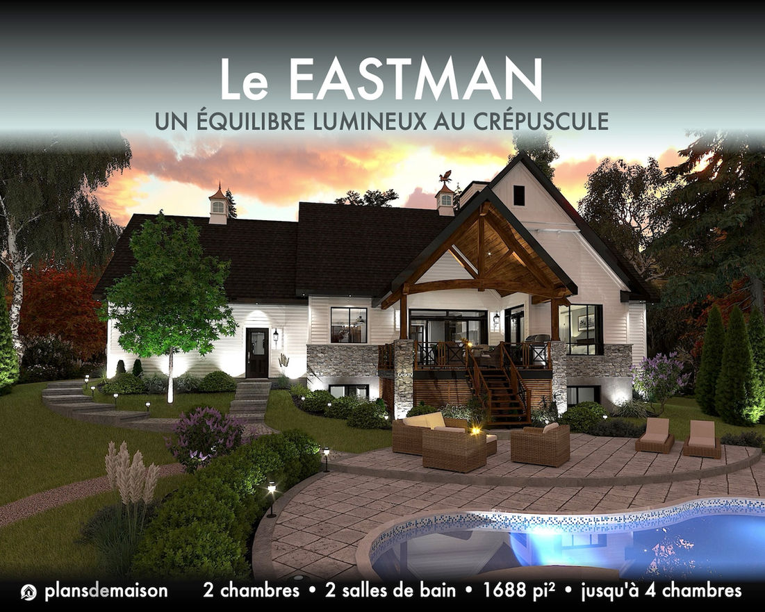 Vue arrière du modèle Eastman avec terrasse couverte, piscine illuminée et ambiance chaleureuse au crépuscule dans un décor farmhouse élégant