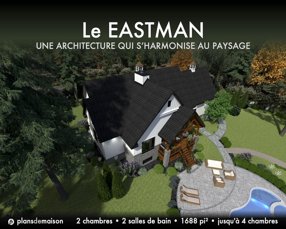 Vue aérienne arrière du modèle Eastman version miroir avec terrasse couverte, piscine, aménagement paysager et architecture farmhouse intégrée à la nature