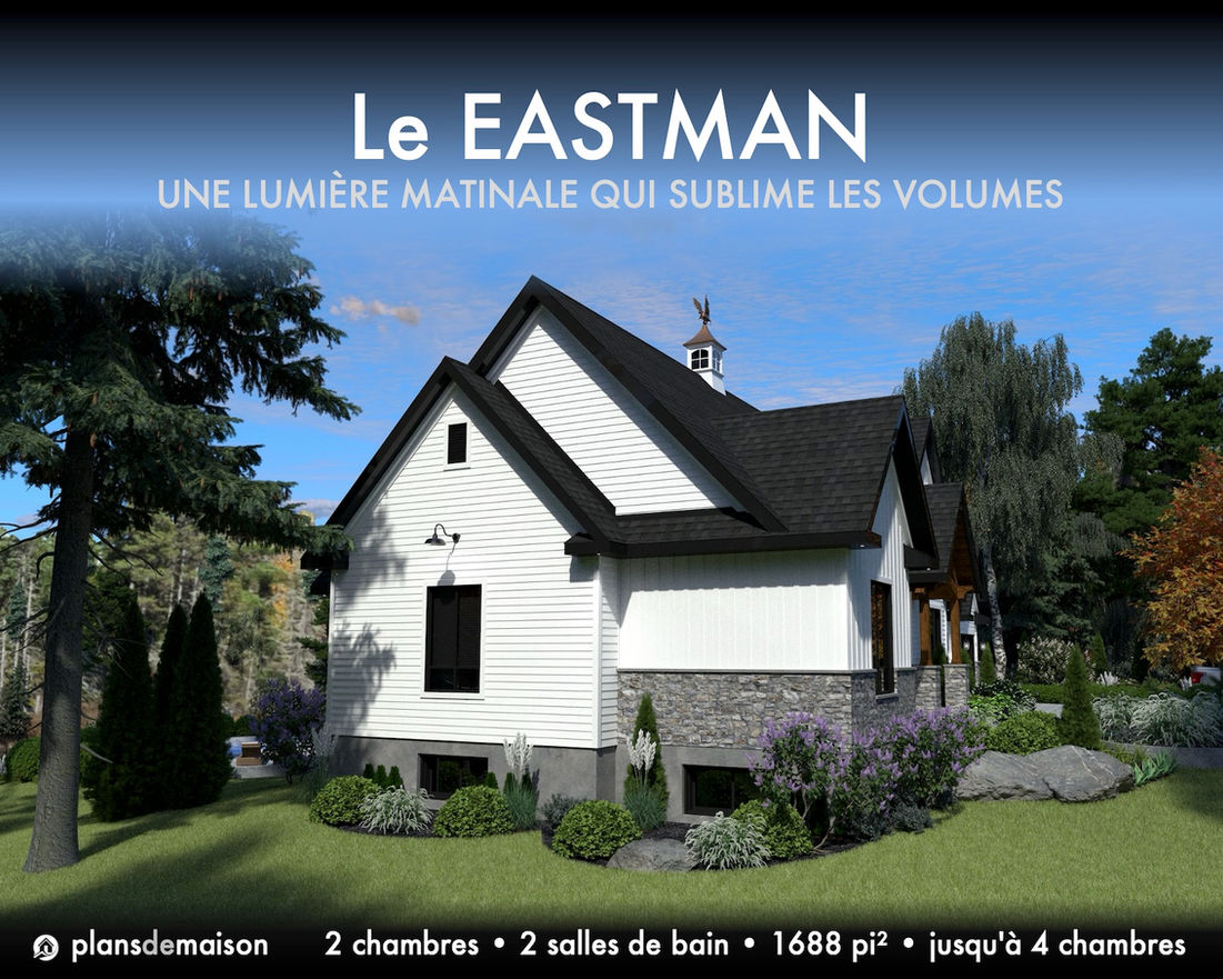 Élévation gauche du modèle Eastman avec pignon centré, fenêtre de salle de bain et architecture farmhouse en lumière naturelle matinale