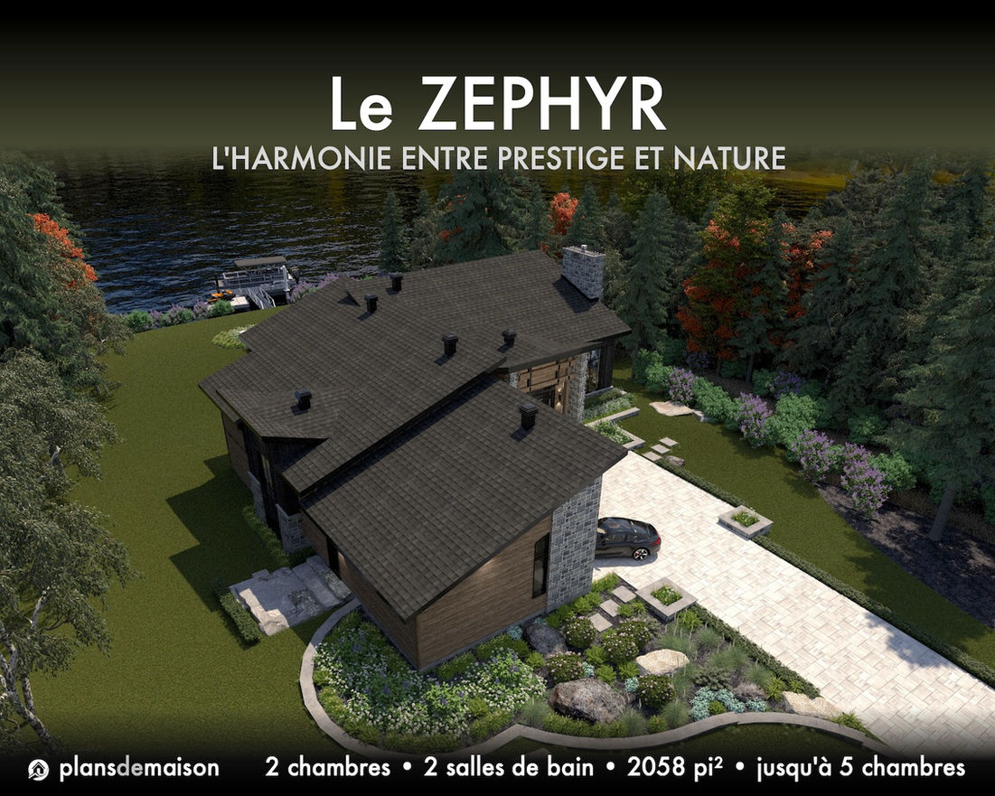 Vue aérienne avant gauche du modèle Zephyr illustrant la composition des toitures, l'équilibre des volumes et l'architecture contemporaine haut de gamme intégrée à son environnement naturel.