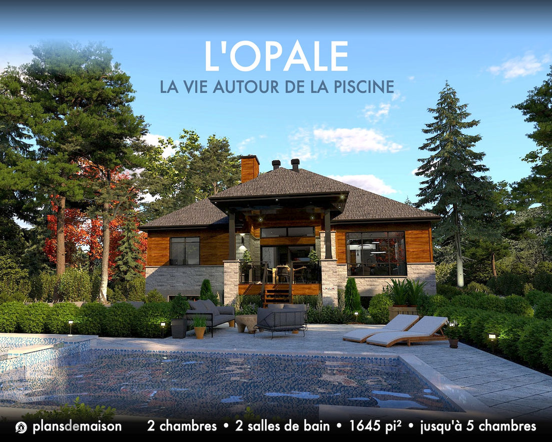 Cour arrière du plan de maison Opale avec piscine creusée, terrasse couverte, grandes ouvertures vitrées et aménagement paysager, maison contemporaine de 1645 pi².