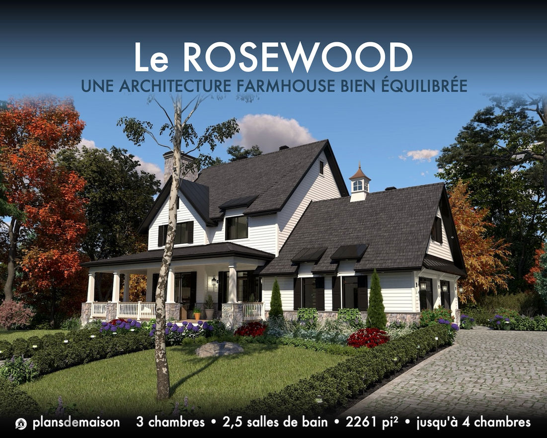 Façade avant du plan de maison farmhouse Rosewood avec garage intégré