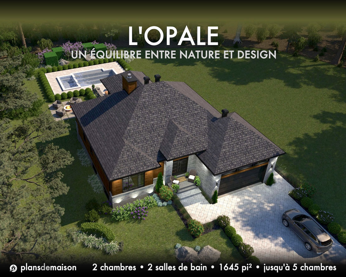 Vue aérienne du plan de maison contemporaine Opale version miroir montrant la façade avant, le garage double, l'aménagement paysager et la cour arrière avec piscine.