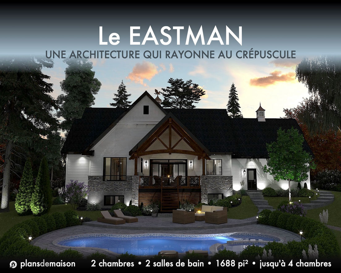 Vue arrière du modèle Eastman version miroir au crépuscule avec terrasse timber éclairée, ambiance chaleureuse et architecture farmhouse élégante