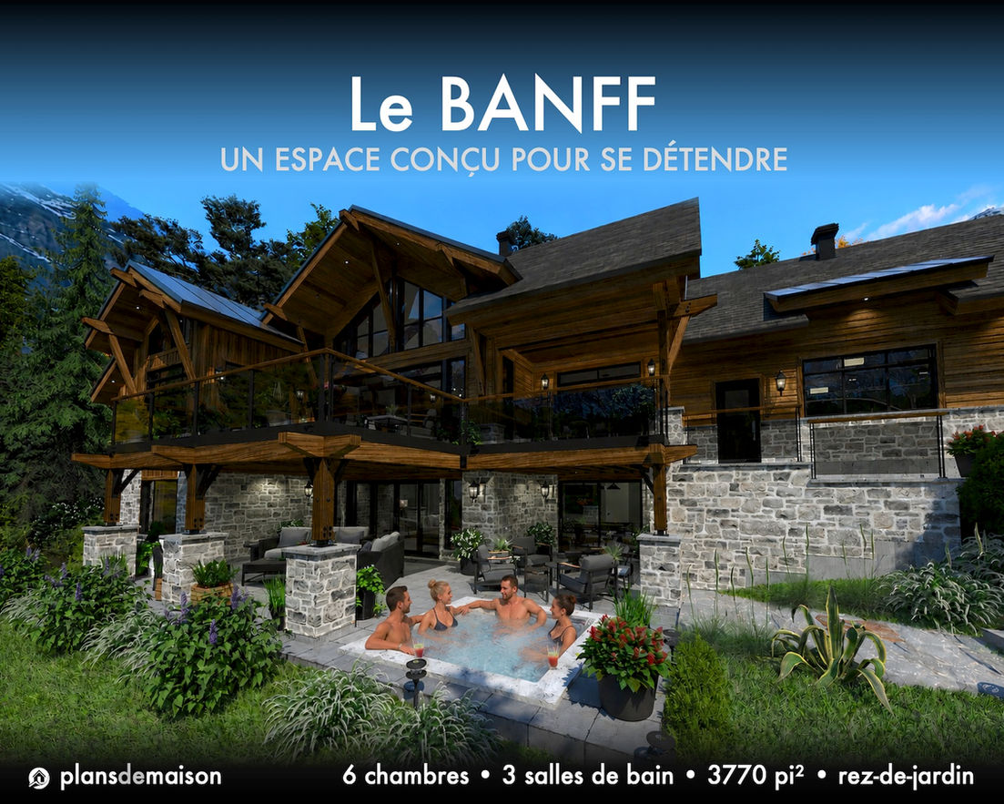 Façade arrière du chalet nordique Le Banff version miroir avec terrasse couverte, spa extérieur et espace détente au rez-de-jardin.