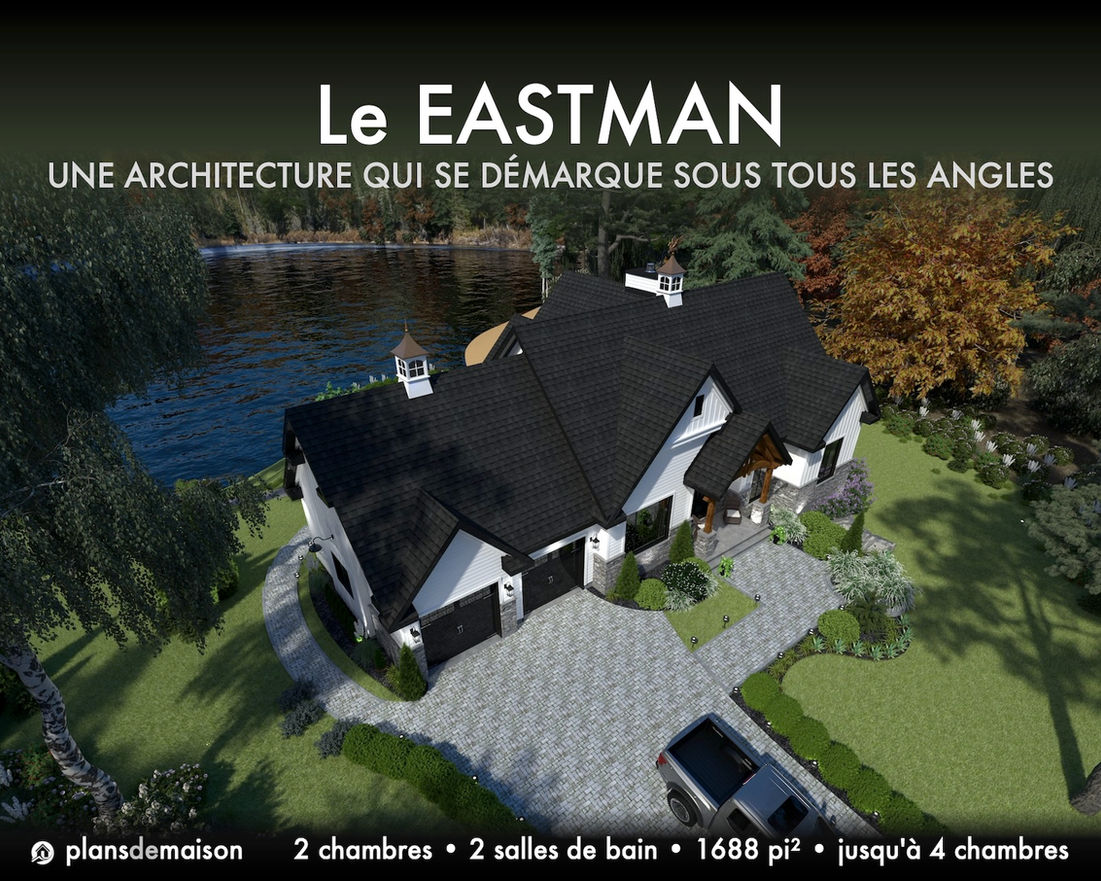 Vue aérienne du modèle Eastman version miroir avec toiture à pignons, aménagement paysager élégant et terrain bordé par un lac arrière