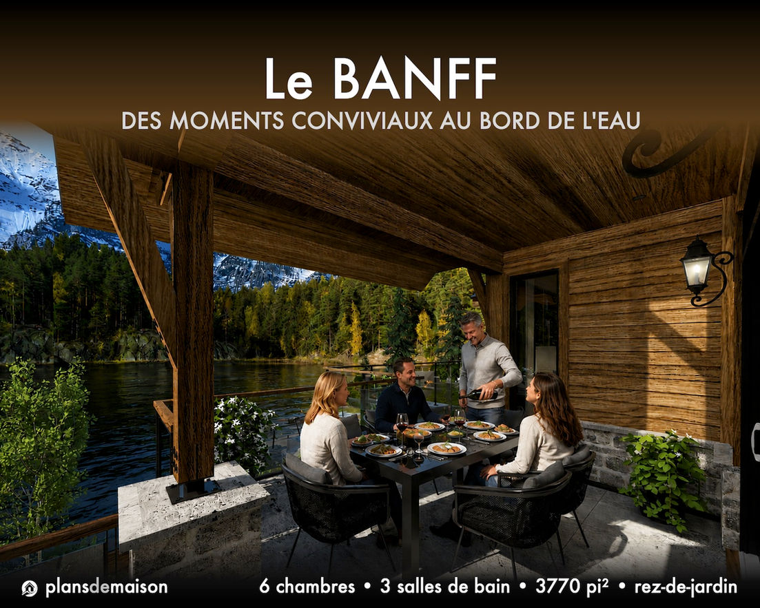 Terrasse couverte du Banff version miroir avec salle à manger extérieure, vue sur le lac et architecture nordique en bois massif.