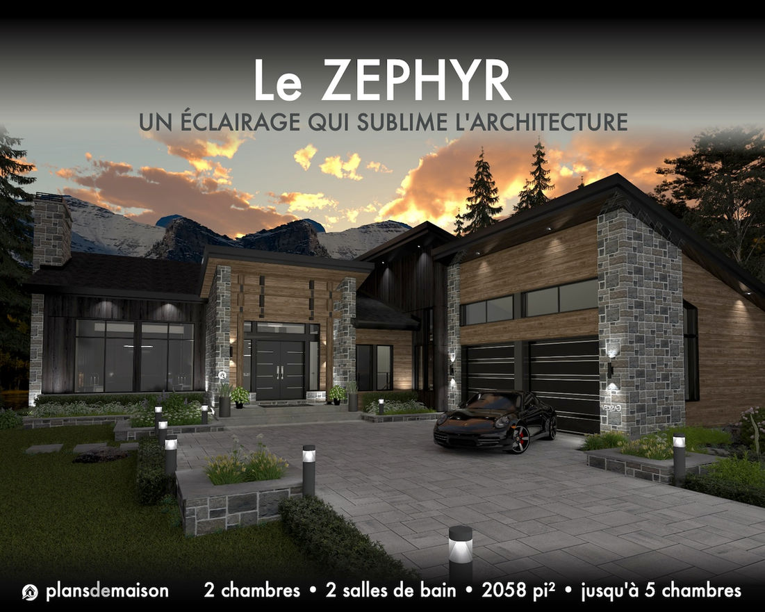 Façade avant du plan de maison Zephyr version miroir au coucher du soleil avec garage double, entrée monumentale, pierre naturelle et revêtement de bois.