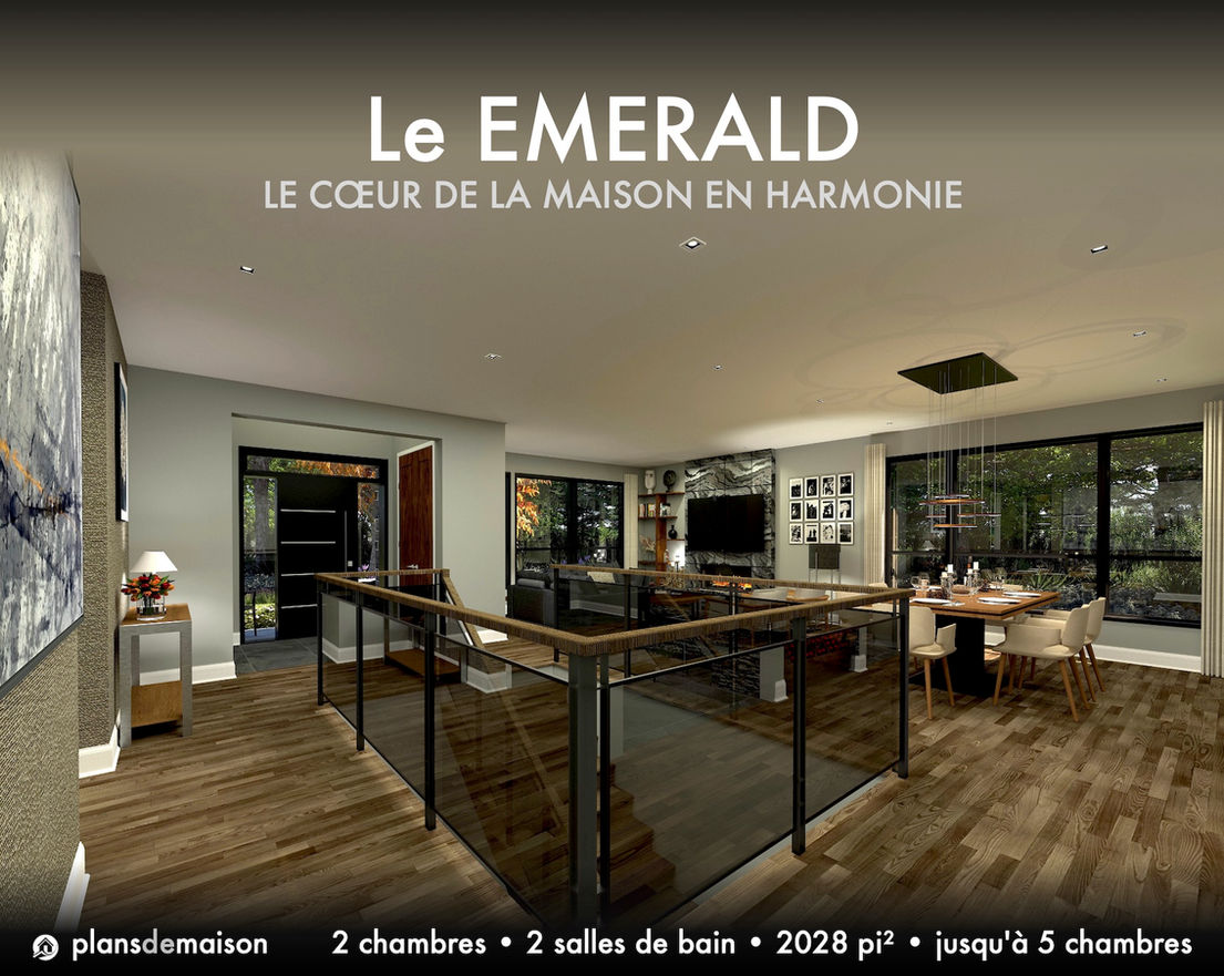 Cage d’escalier ouverte du plan de maison contemporain Emerald favorisant une circulation fluide entre le salon, la salle à manger et les espaces de vie.