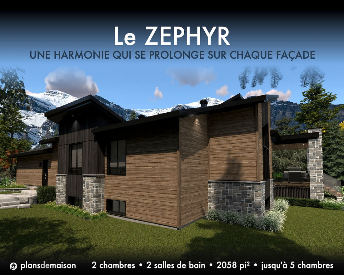 Vue de l'élévation arrière gauche du plan de maison Zephyr version miroir mettant en valeur l'équilibre des volumes, les revêtements de bois et de pierre ainsi que l'architecture contemporaine.