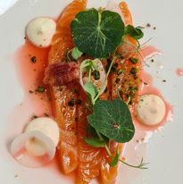 Salmon Gravalax, Orange Creme Fraiche, Citrus Segments and Balsamic Condimento Dressing