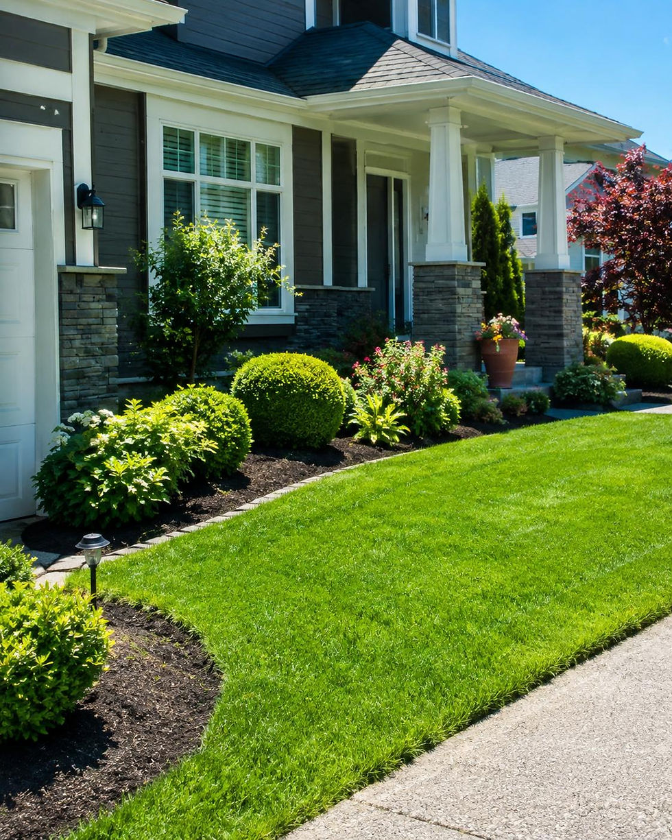 Landscaped front yard of a modern home in Brooklyn.