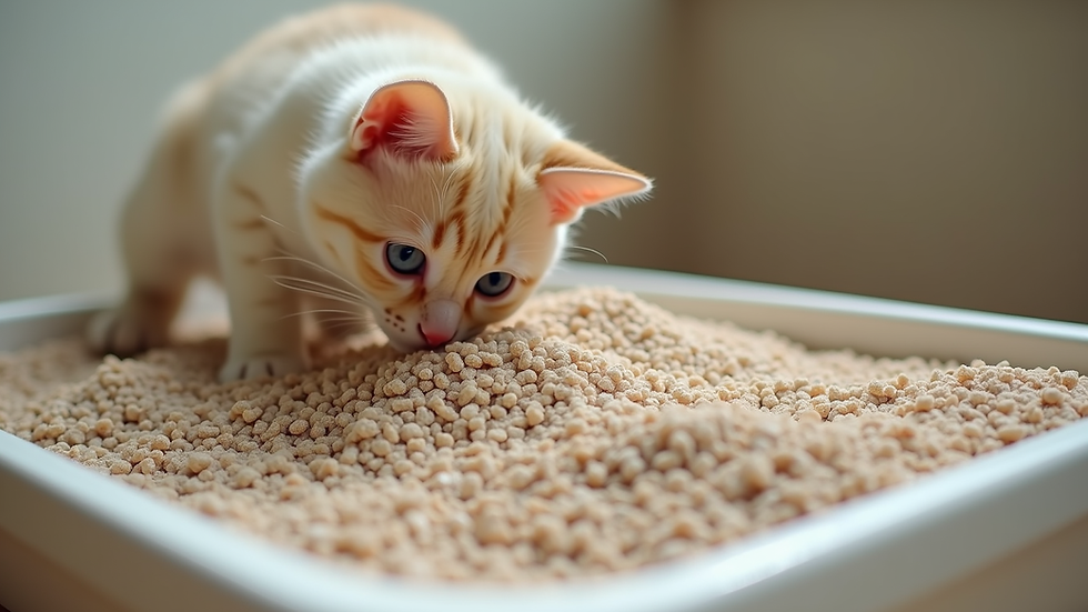 Eye-level view of a clean cat litter box filled with clumping clay litter