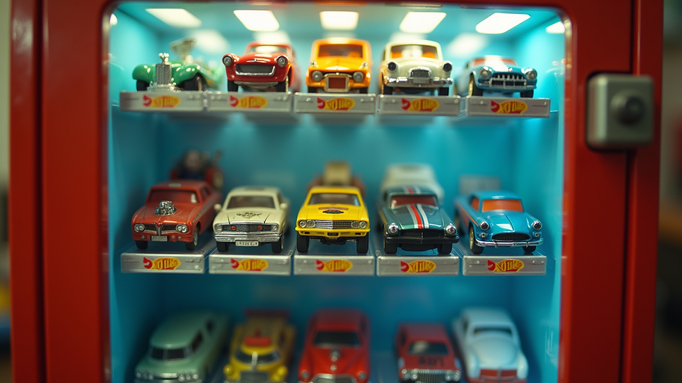 Eye-level view of a colorful Hot Wheels vending machine filled with various toy cars