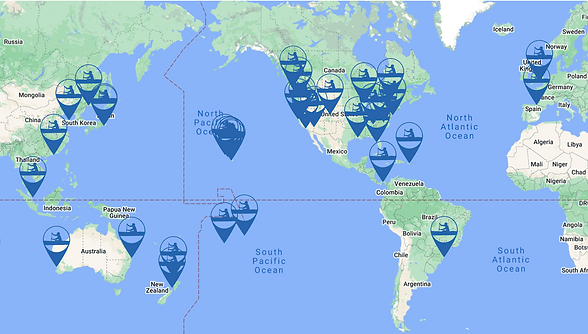 A world map depicting the locations of each of the international representatives and resellers for the Fai Va'a Tahitian Outrigger Canoes