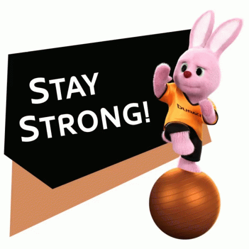 a gif of the pink Duracell bunny doing a one leg kick with the words stay strong on it from therapy by Robert's blog post on getting better sleep[