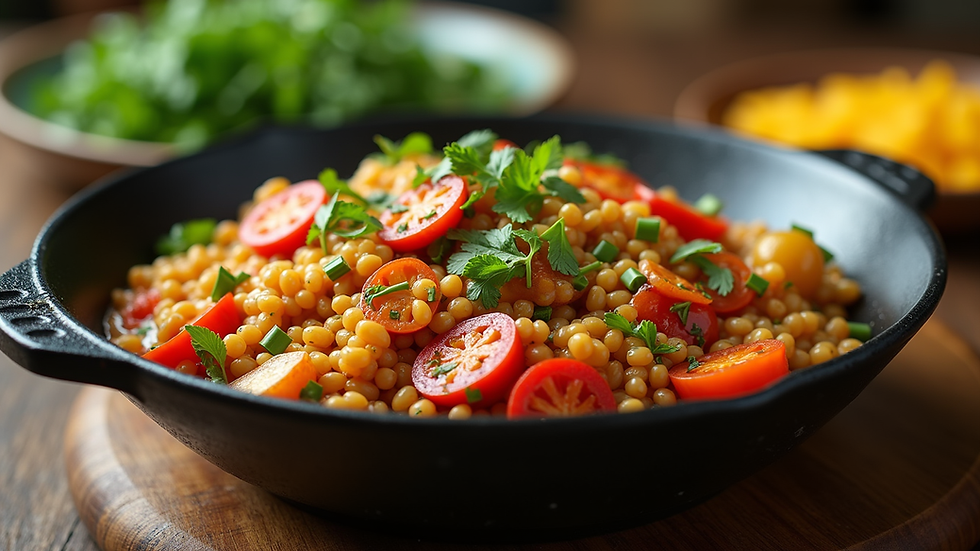 High angle view of a colorful one-pot meal with vegetables and grains