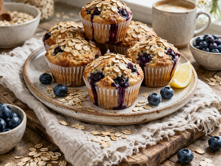 High protein banana oat muffins topped with oats and blueberries