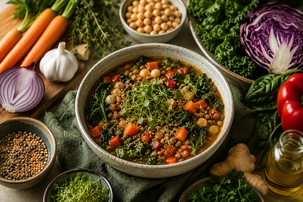 Rustic winter food scene featuring a hearty bowl of vegetable and lentil soup surrounded by colorful fresh ingredients including kale, chickpeas, carrots, garlic, ginger, red onion, red cabbage, spinach, herbs, olive oil, and legumes on a warm kitchen-style surface.