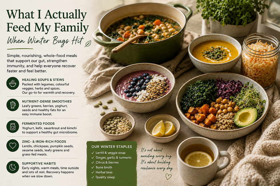 Warm editorial-style image featuring nourishing winter foods including vegetable soup, smoothie bowls, legumes, fermented foods, herbal tea, bone broth, and colorful plant-based meals. Text highlights simple family meals and lifestyle habits that support gut health, immune resilience, recovery, hydration, and nourishment during winter illness season.