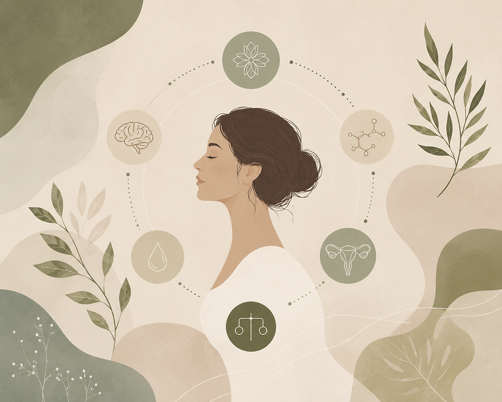 Abstract illustration of a woman in soft neutral and green tones, surrounded by circular symbols representing hormones, brain, and reproductive health, depicting hormonal balance and life stage transitions.