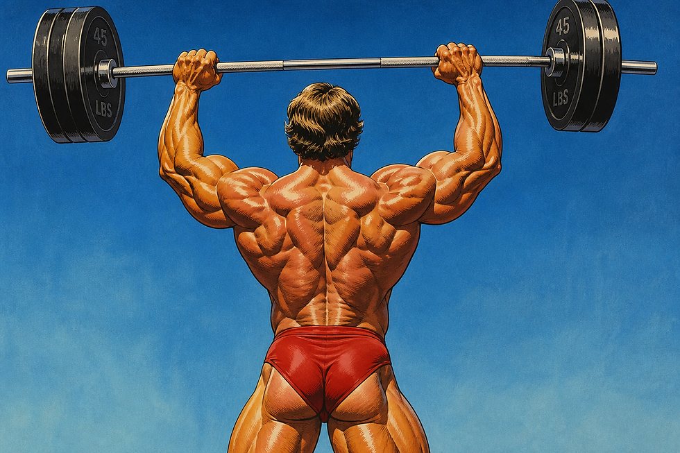 Retro-style illustration of a muscular male bodybuilder from behind performing an overhead barbell press, representing the traditional bodybuilding image often associated with creatine.