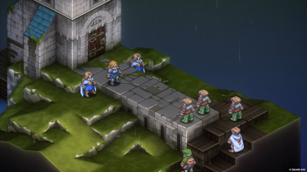 Characters in medieval garb face off on a stone bridge by a tower. Green terrain surrounds them, creating a tense, strategic scene.